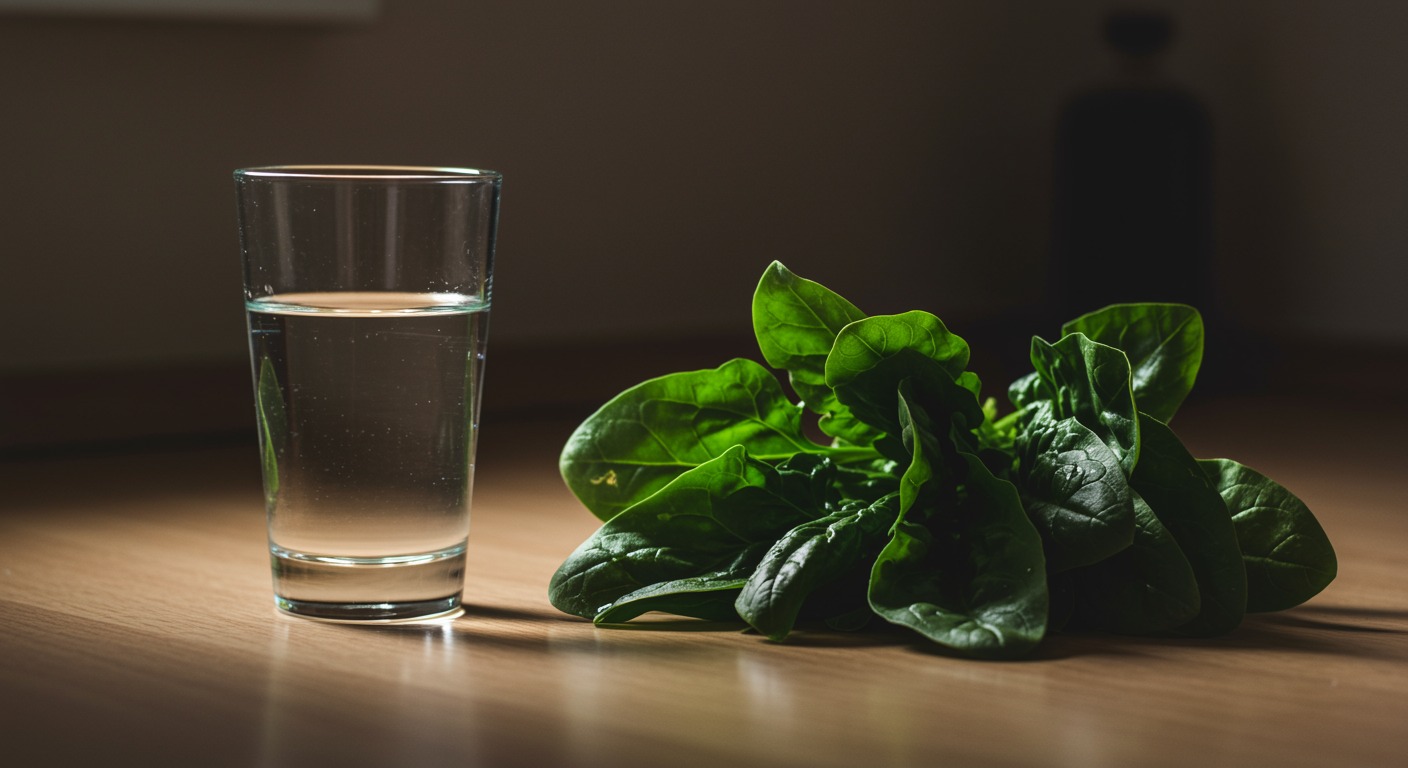 Fresh spinach leaves and a clear glass of water on a light wooden kitchen counter in soft natural light