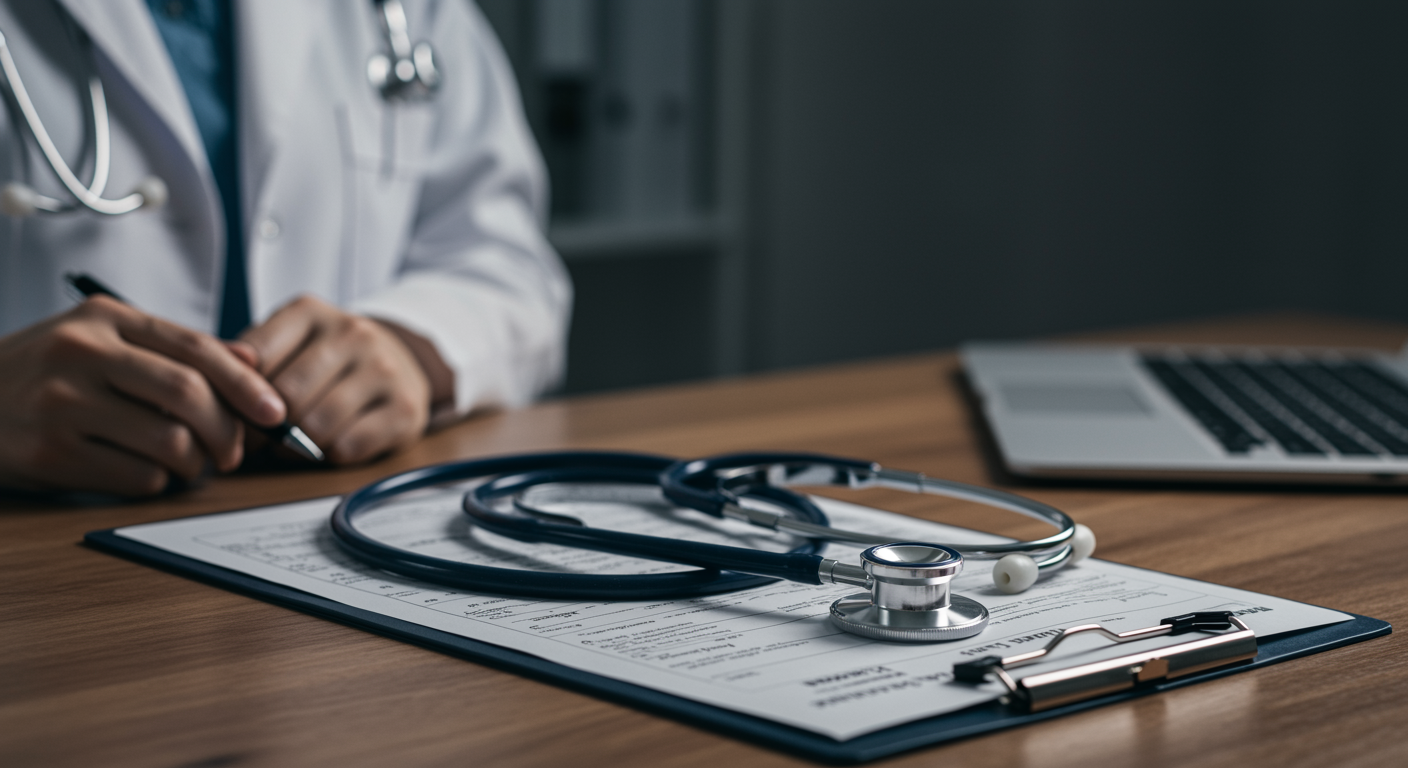 Medical stethoscope and clipboard on a doctor's desk in a bright clinic