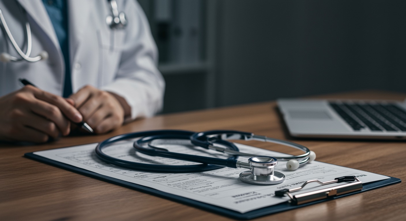 Medical stethoscope and clipboard on a doctor's desk in a bright clinic
