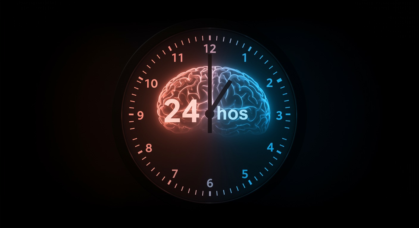 Photorealistic clock face showing 24.2 hours with subtle brain imagery and light rays, representing human circadian timing, soft chronobiological lighting, no text