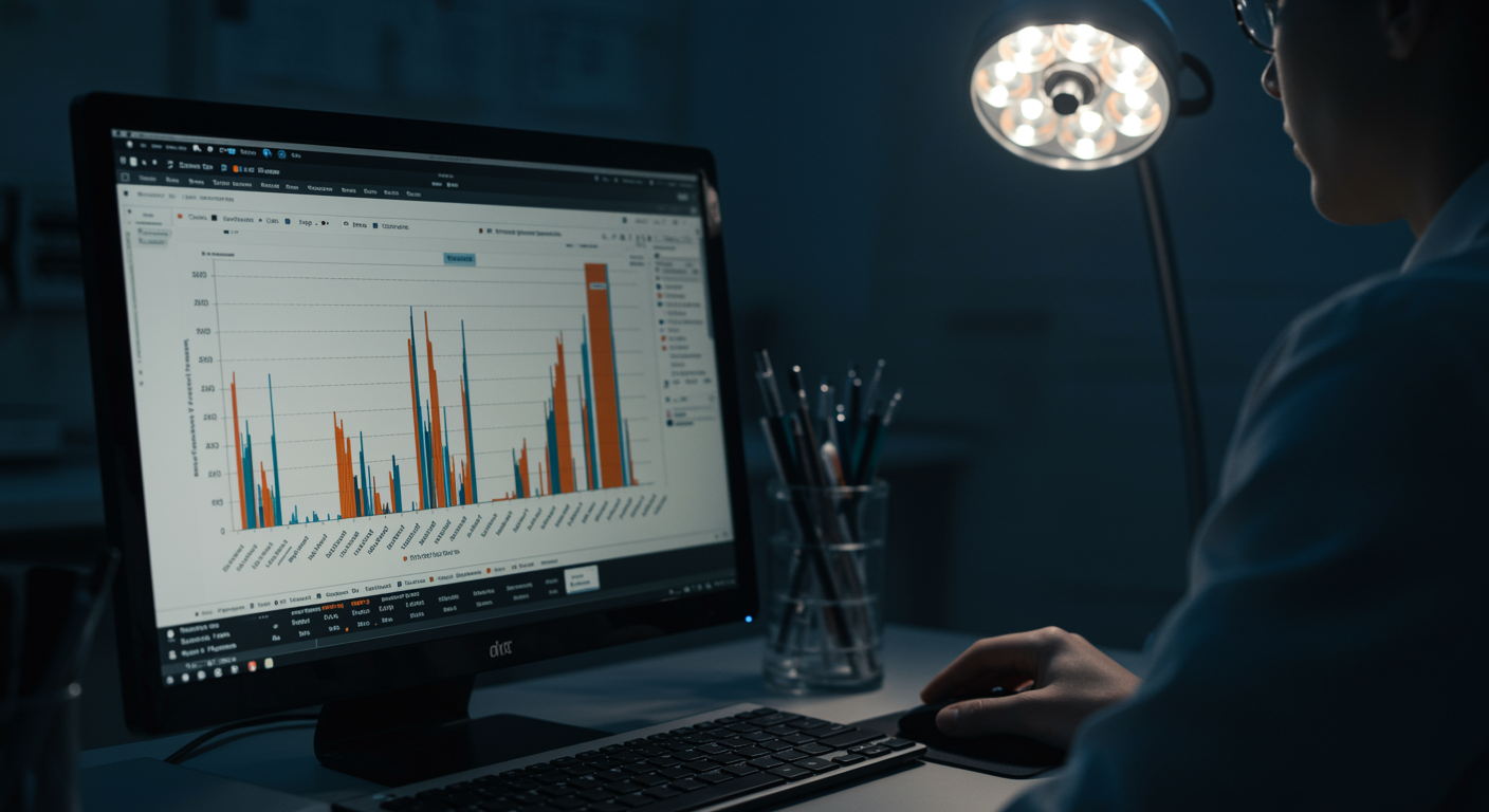 Clinical research data charts showing treatment outcomes on medical computer screen with professional lighting