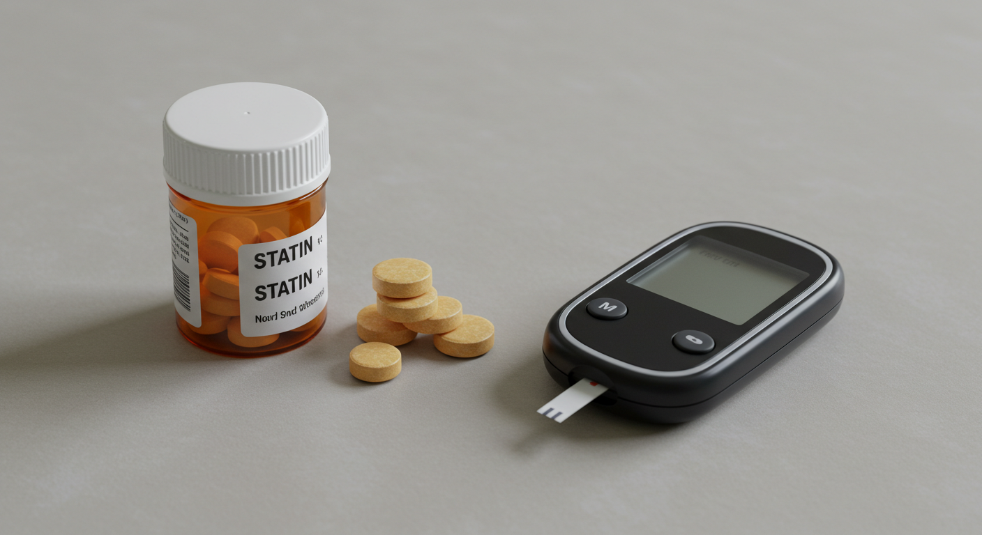 Statin pills and a glucose meter on a table