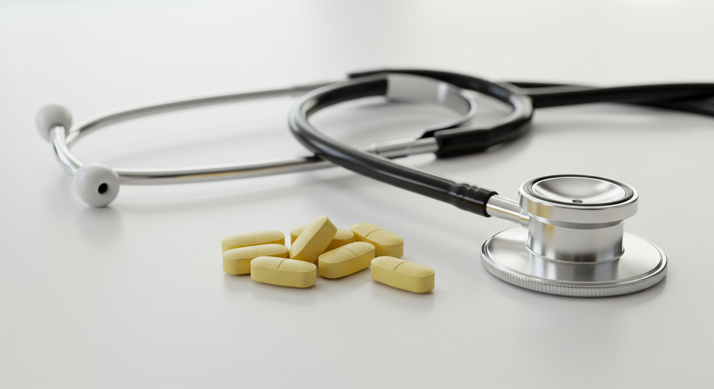 A bottle of statin pills next to a stethoscope, representing cholesterol management
