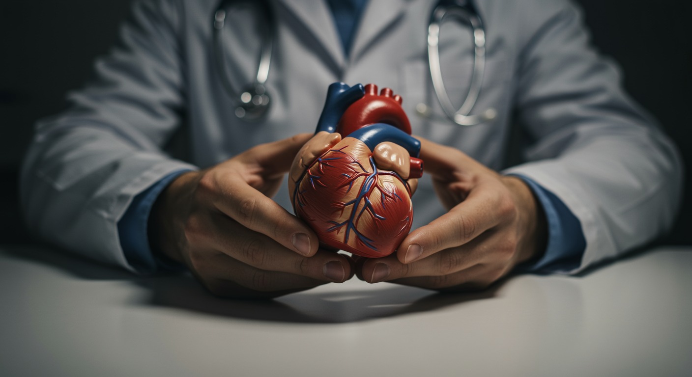 Close-up of hands holding a red anatomical heart model on a clean white medical desk with soft diffused light