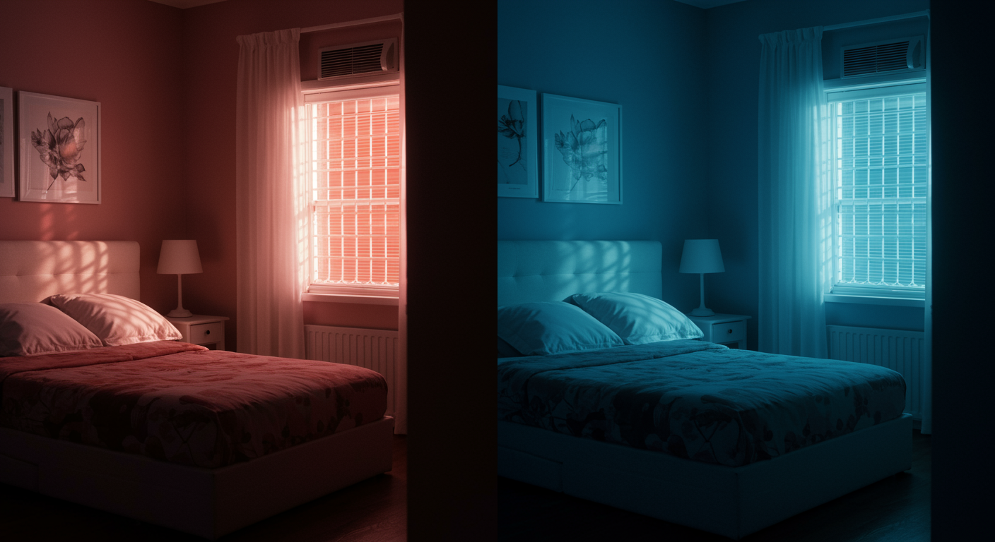 Photorealistic bedroom cooling system comparison showing radiant vs convection cooling effects on sleep quality, with thermal comfort visualization, soft environmental lighting, no text