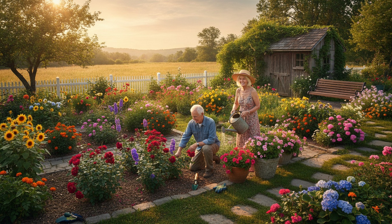 Older couple gardening together in a sunlit backyard with warm golden hour light and vibrant flowers