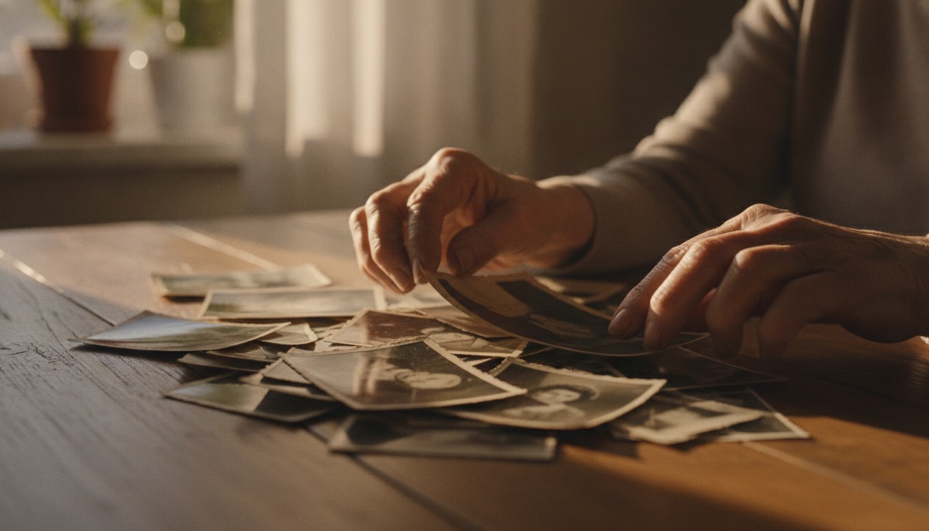Close-up of an older woman's hands sorting through a stack of old photographs on a wooden table in warm window light