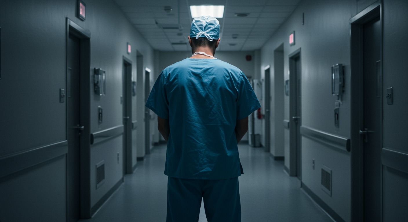 Tired surgeon in blue scrubs standing in a quiet hospital corridor in soft early morning light