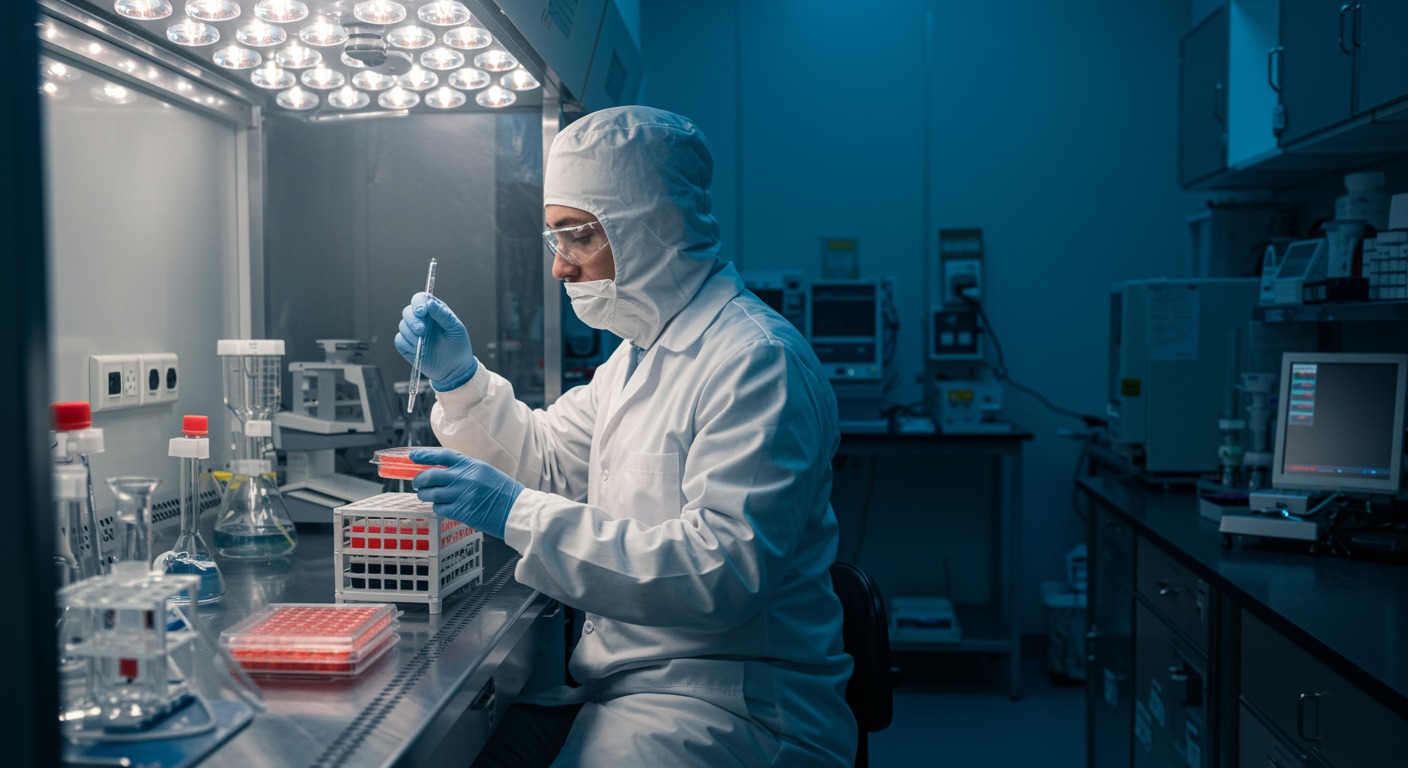 Scientist in a white coat analyzing cell cultures in a bright sterile laboratory with cool white light