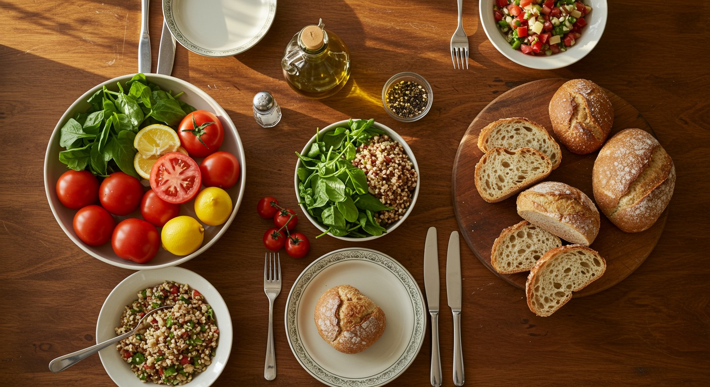 Vibrant overhead flat-lay of a Mediterranean-style spread with olive oil, tomatoes, fresh greens, whole grains, and warm crusty bread on a wooden table with golden natural light