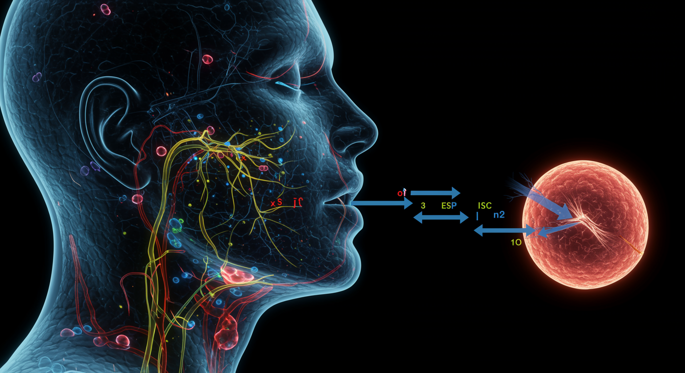 Photorealistic sympathetic nervous system and catecholamine pathway visualization in sleep apnea, showing metabolic impact and cardiovascular effects, soft medical pathway lighting, no text