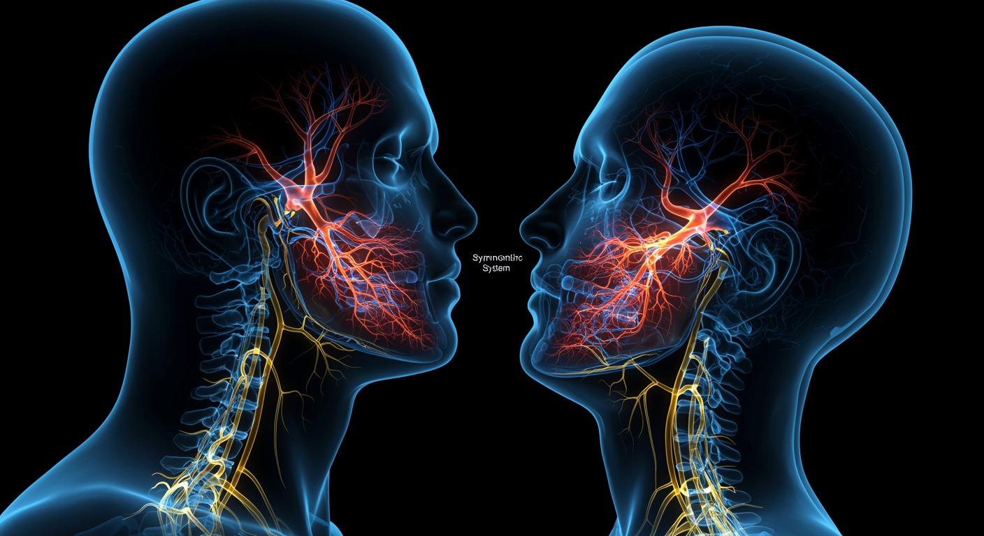Photorealistic neural pathway visualization showing sympathetic nervous system activation in sleep apnea, with cardiovascular impact representation, soft medical lighting, no text