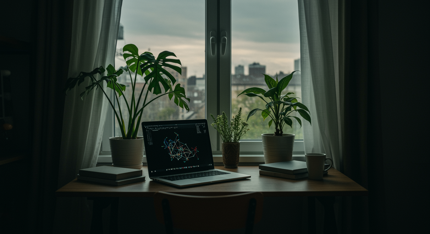 Desk by window with plants