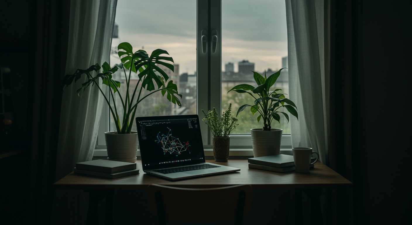 Desk by window with plants