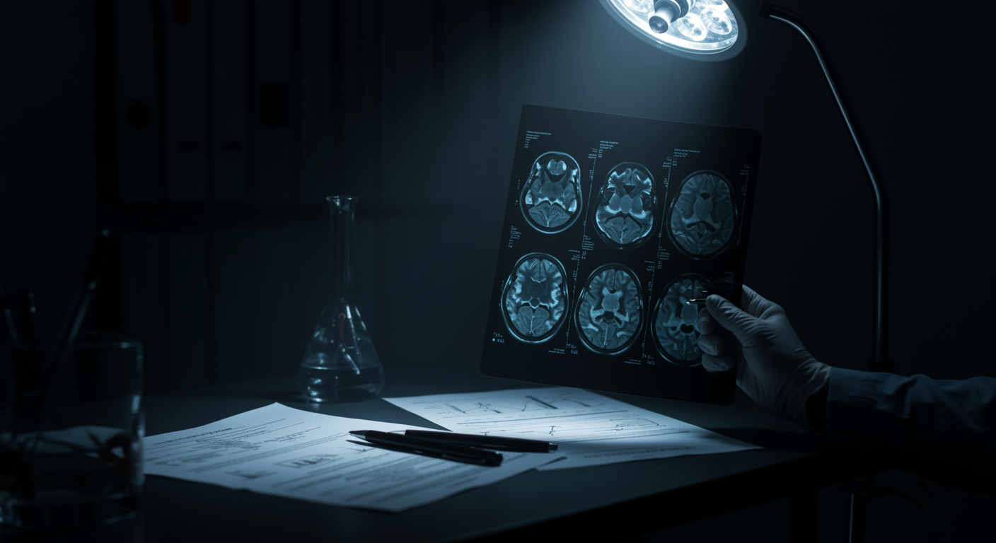 Scientific research papers and brain scan images on medical desk with clinical lighting