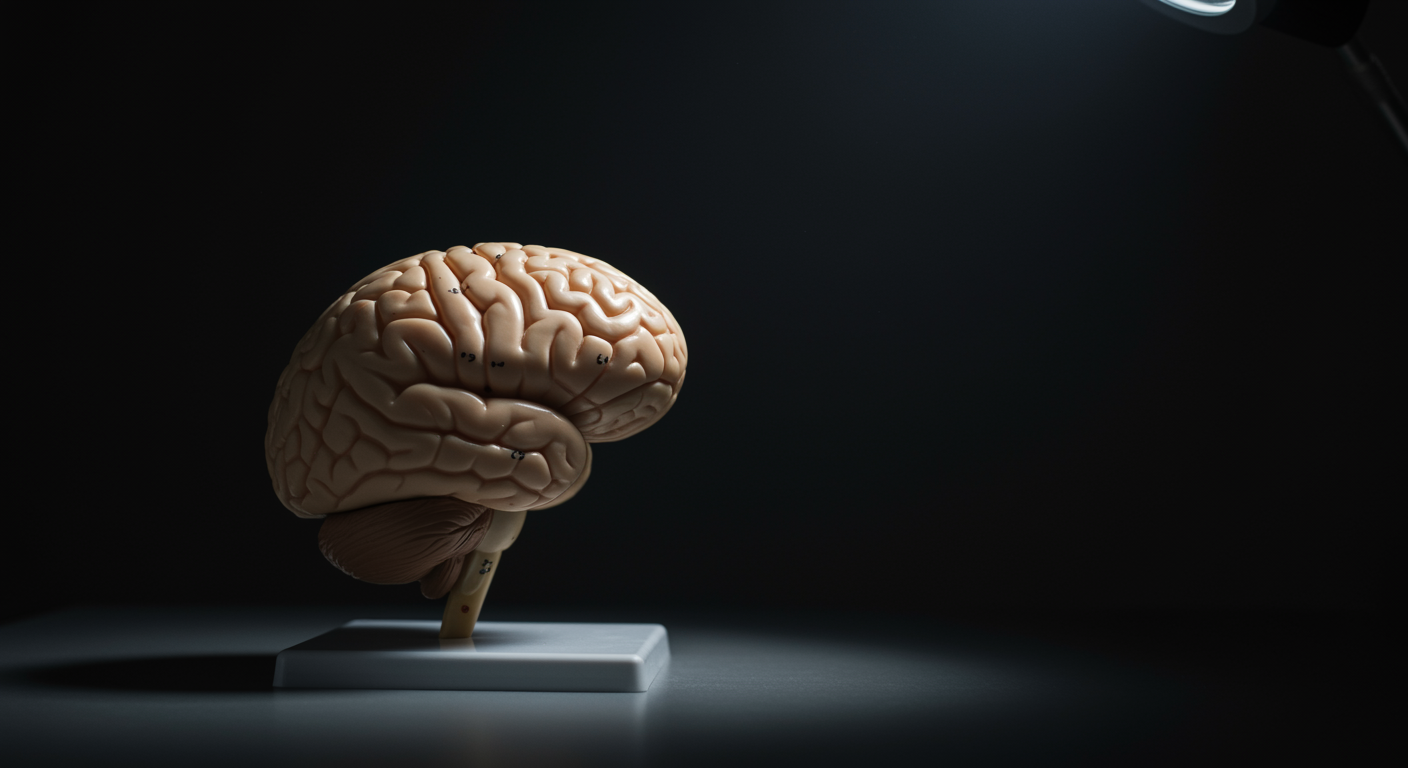 Human brain model on medical desk with soft professional lighting