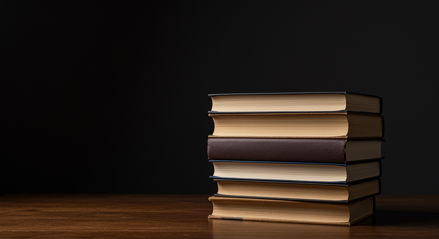 Stack of books on wooden table