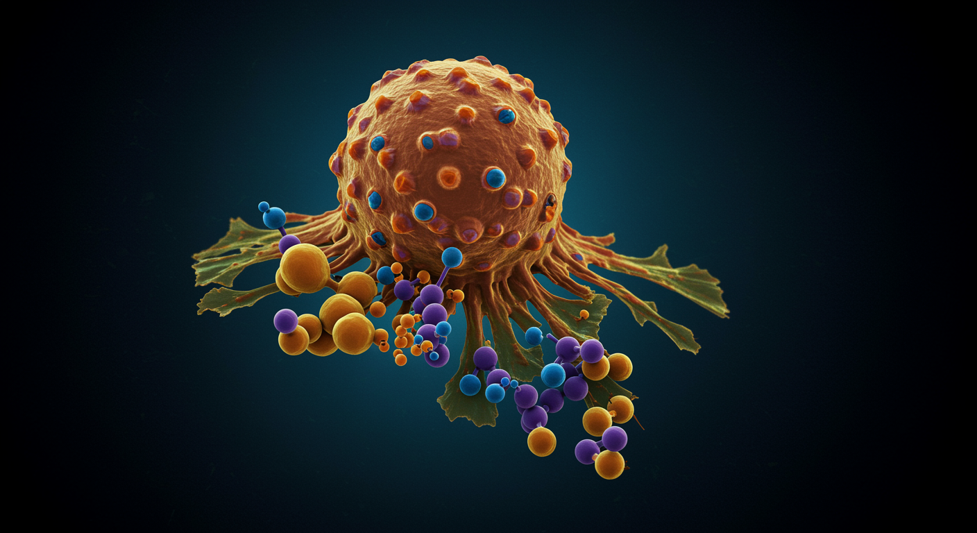 Cancer cell with glucose molecules and therapeutic targets with soft lighting