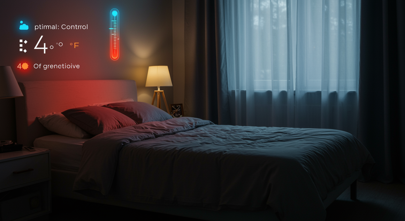 Photorealistic bedroom with temperature control visualization showing optimal vs disruptive temperatures for sleep, soft environmental lighting, no text