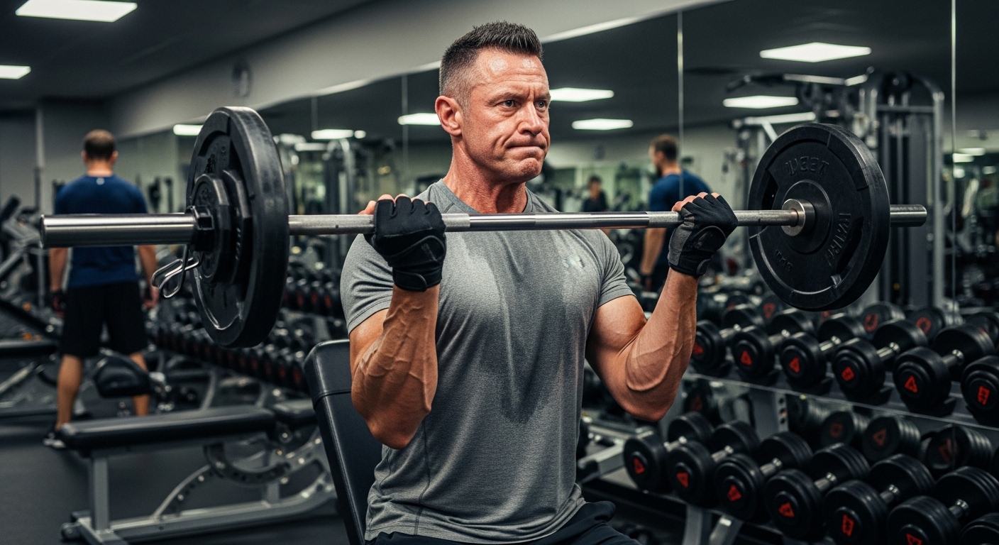 Photorealistic image of a fit middle-aged man lifting weights in a gym, symbolizing muscle strength and hormone therapy