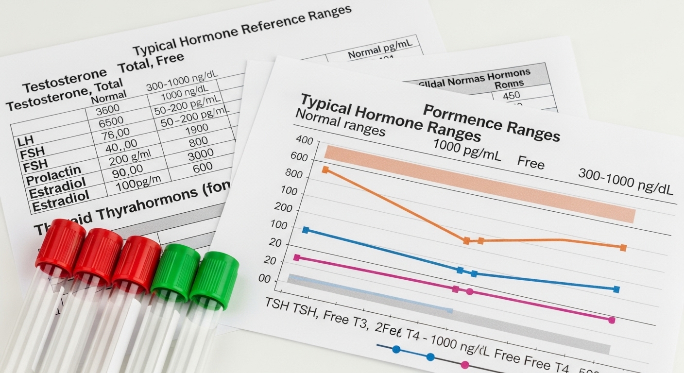 Photorealistic image of lab blood test tubes and charts representing hormone reference ranges in men