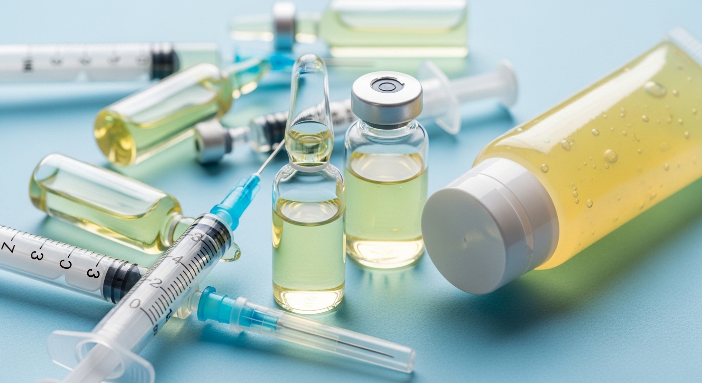 Photorealistic image of syringes, gel packets, and capsules representing testosterone delivery methods with a background of gym weights