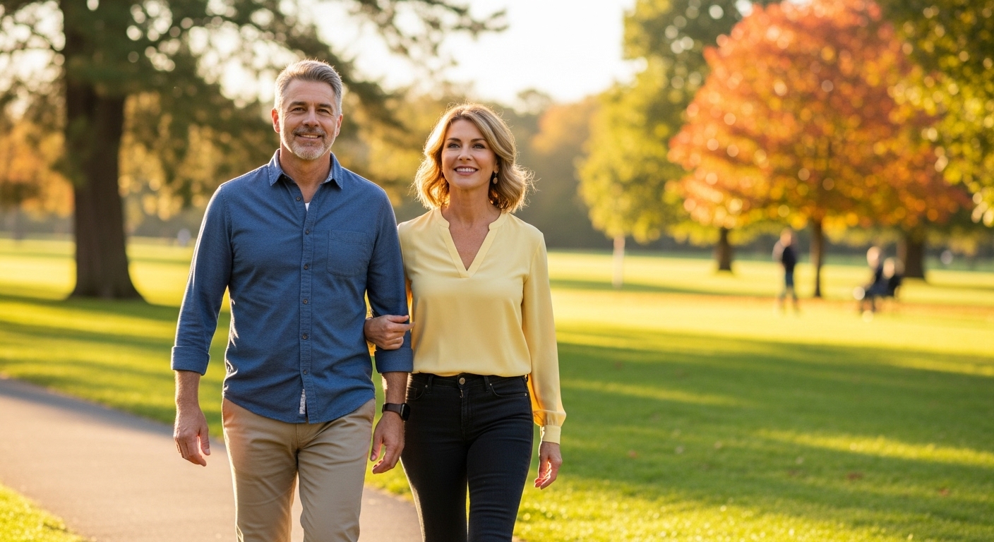 Photorealistic image of a middle-aged couple walking together confidently, symbolizing restored energy and intimacy through hormone therapy