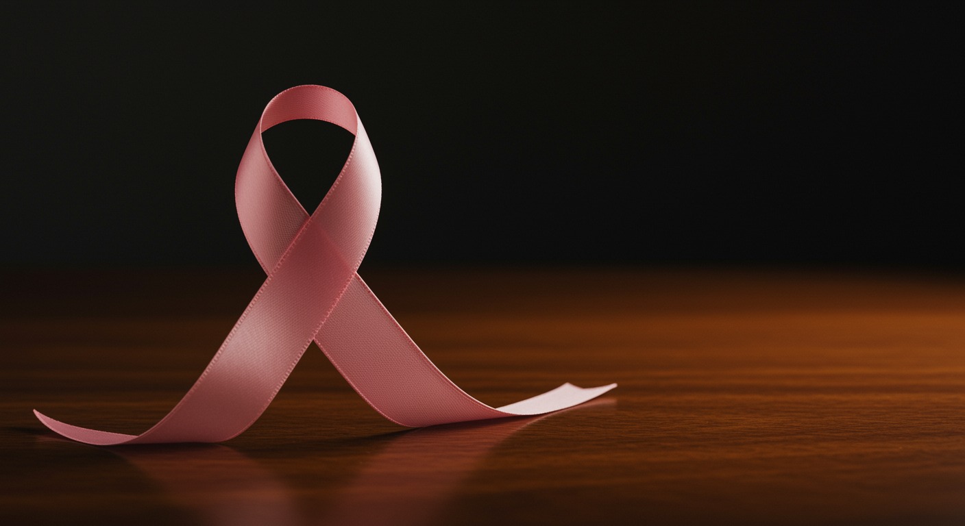 Pink ribbon resting on a polished wooden surface with soft neutral studio lighting