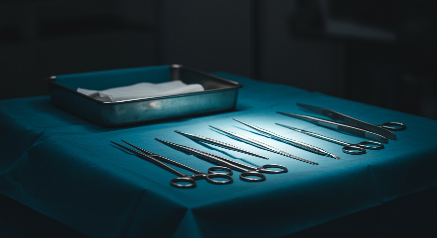 Surgical instruments on sterile blue cloth with bright lighting
