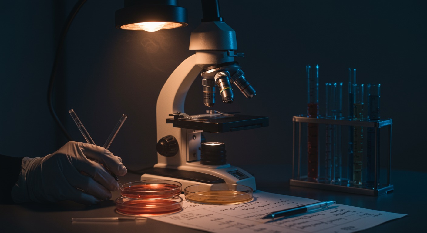 Scientific microscope with petri dishes and research notes under laboratory lighting