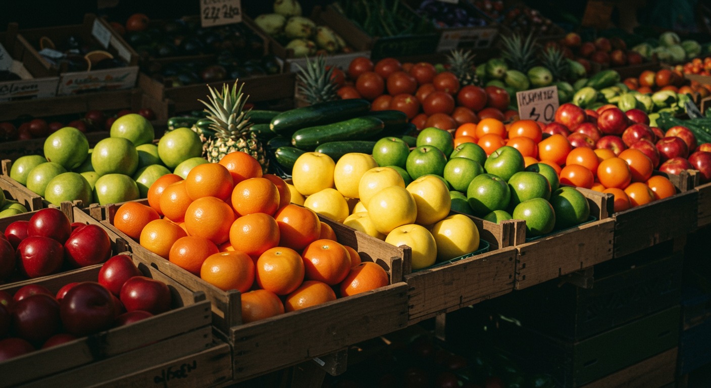Vintage market produce stand with fruits and vegetables under warm afternoon lighting
