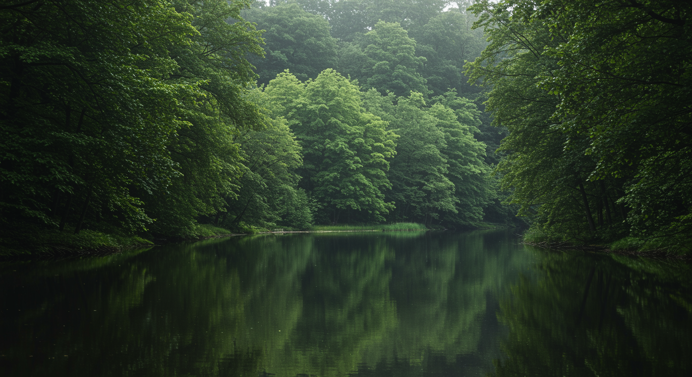 Peaceful lake with green trees