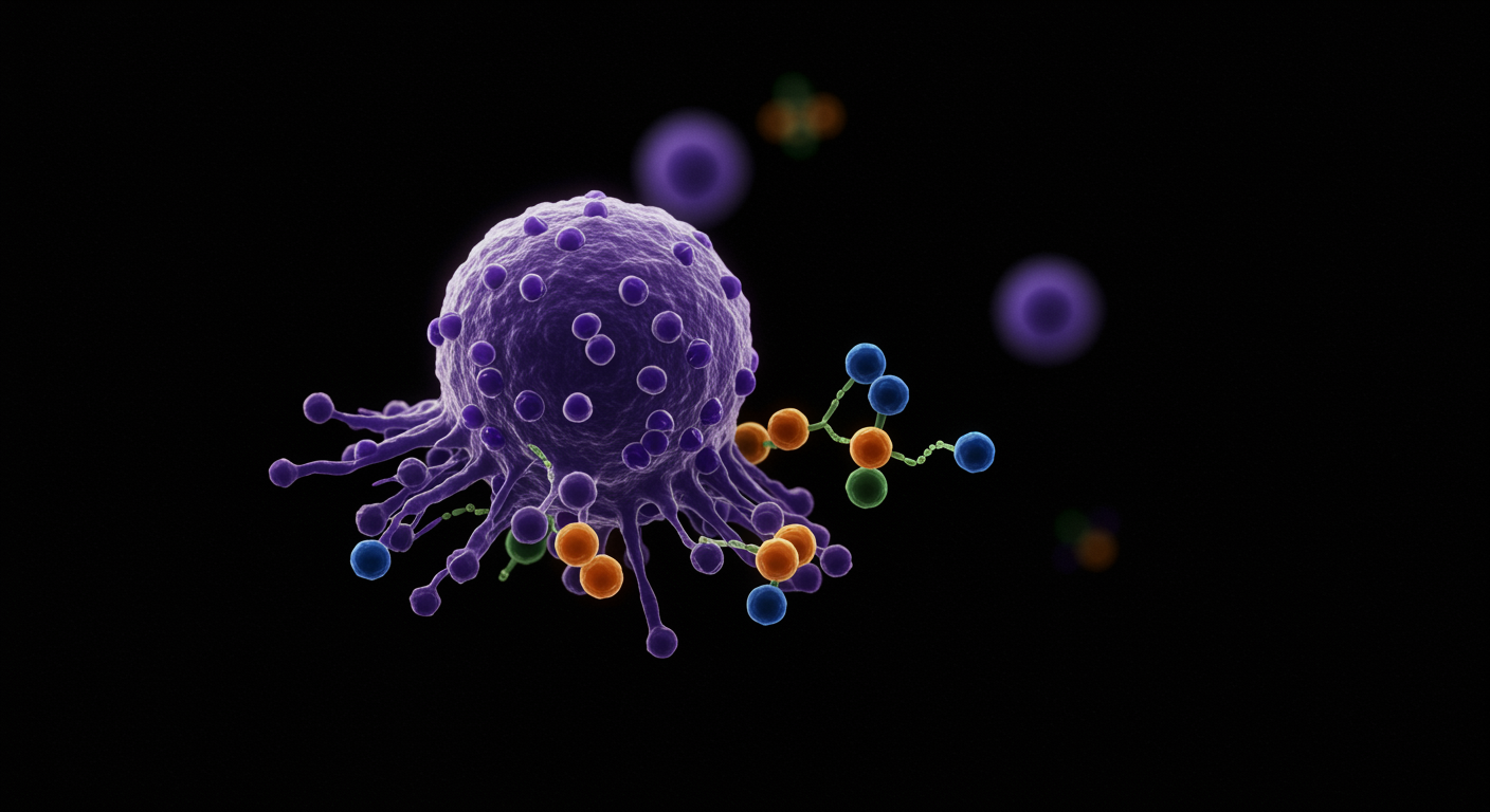 Cancer cells under microscope with glucose molecules and soft lighting