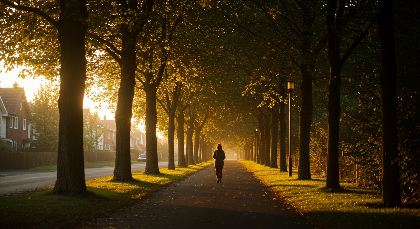 Person walking on a tree-lined neighborhood path on a sunny afternoon with warm golden light filtering through leaves