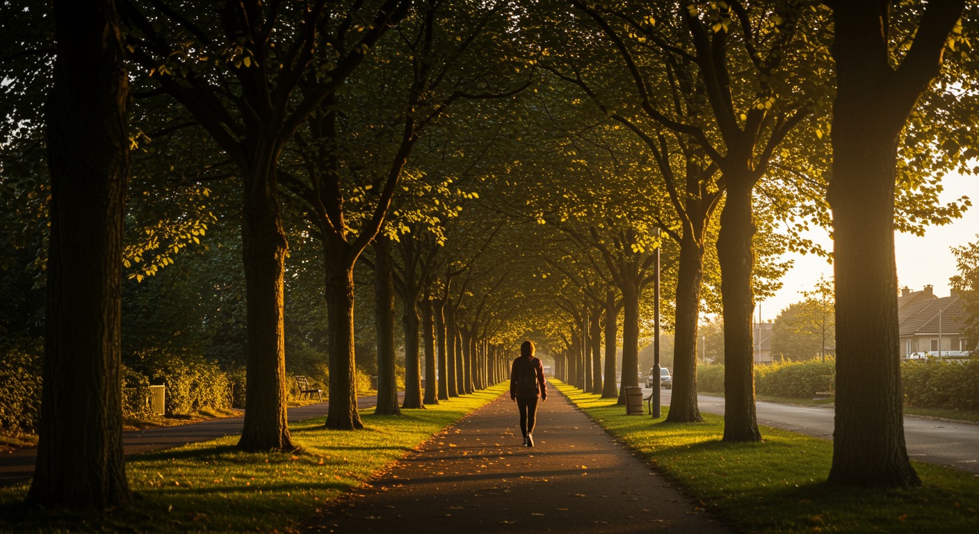 Person walking on a tree-lined neighborhood path on a sunny afternoon with warm golden light filtering through leaves