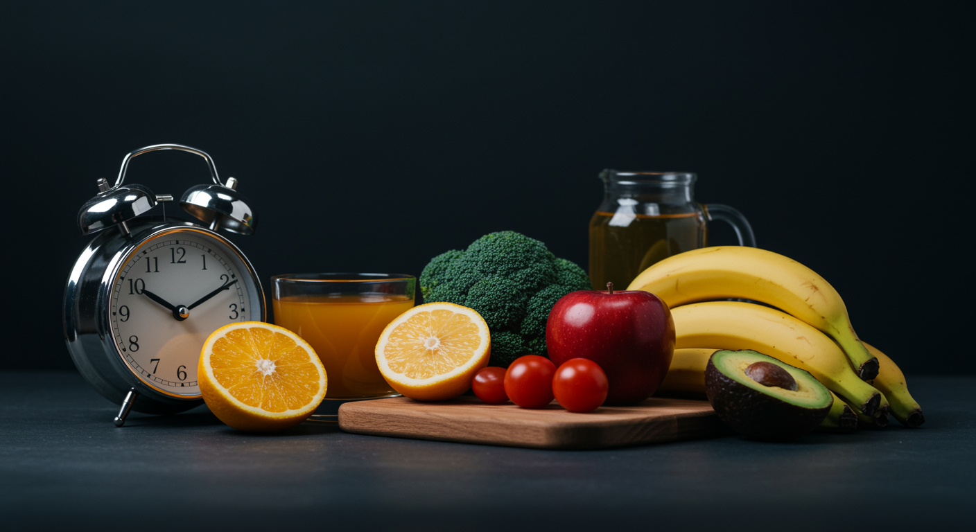 Photorealistic visualization of time-restricted eating schedule with clock and healthy meals, showing sleep and mood improvements, soft lifestyle lighting, no text