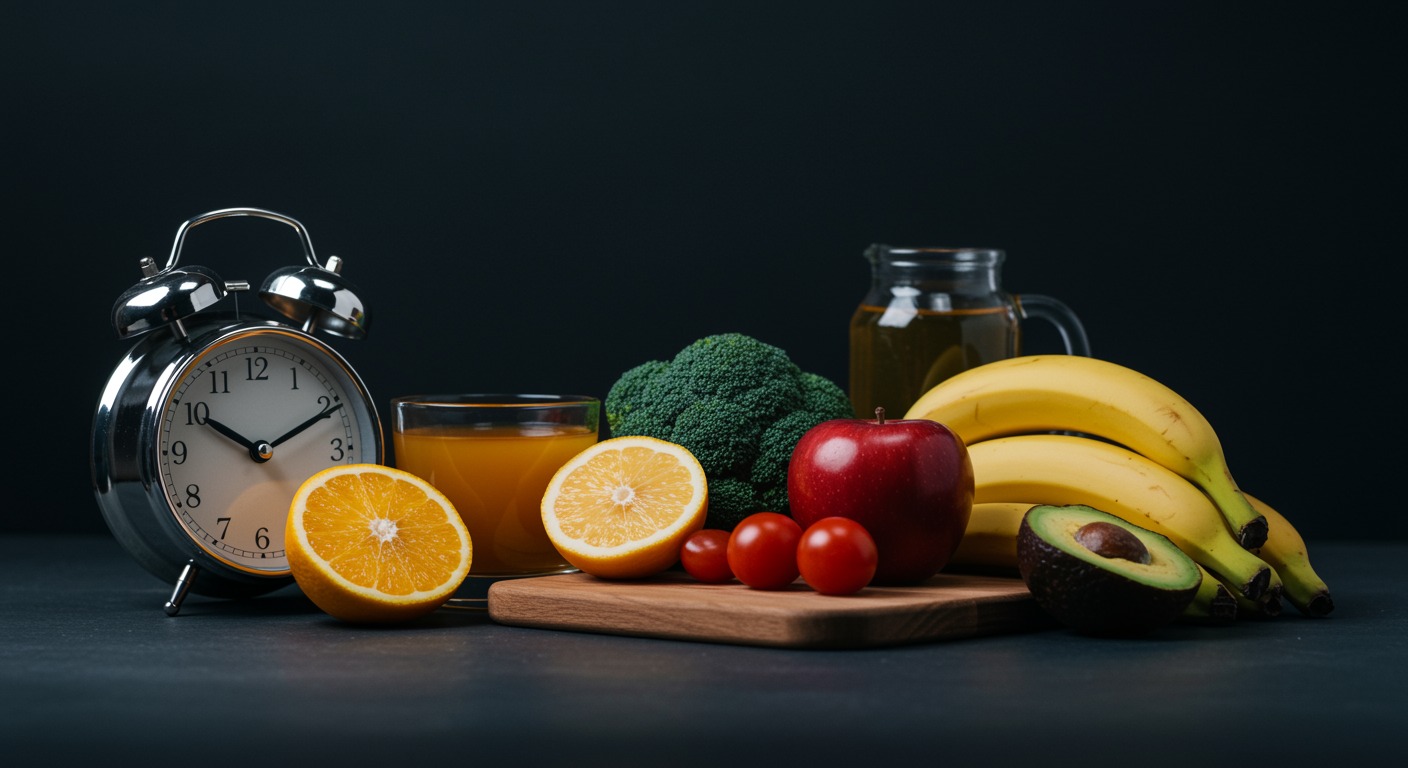 Photorealistic visualization of time-restricted eating schedule with clock and healthy meals, showing sleep and mood improvements, soft lifestyle lighting, no text