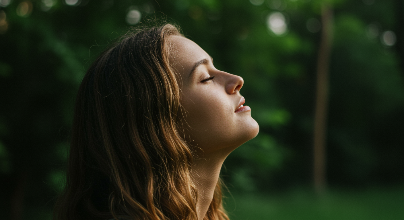 Photorealistic person enjoying outdoor natural light with mood and circadian rhythm improvement visualization, showing health benefits, soft natural lighting, no text