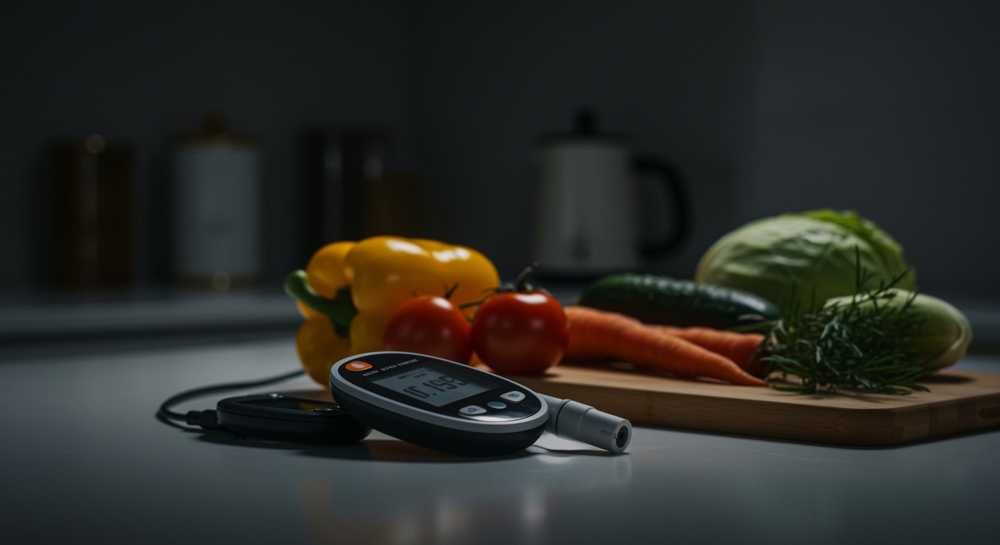 Blood glucose monitor next to fresh vegetables on a modern kitchen counter with bright overhead lighting