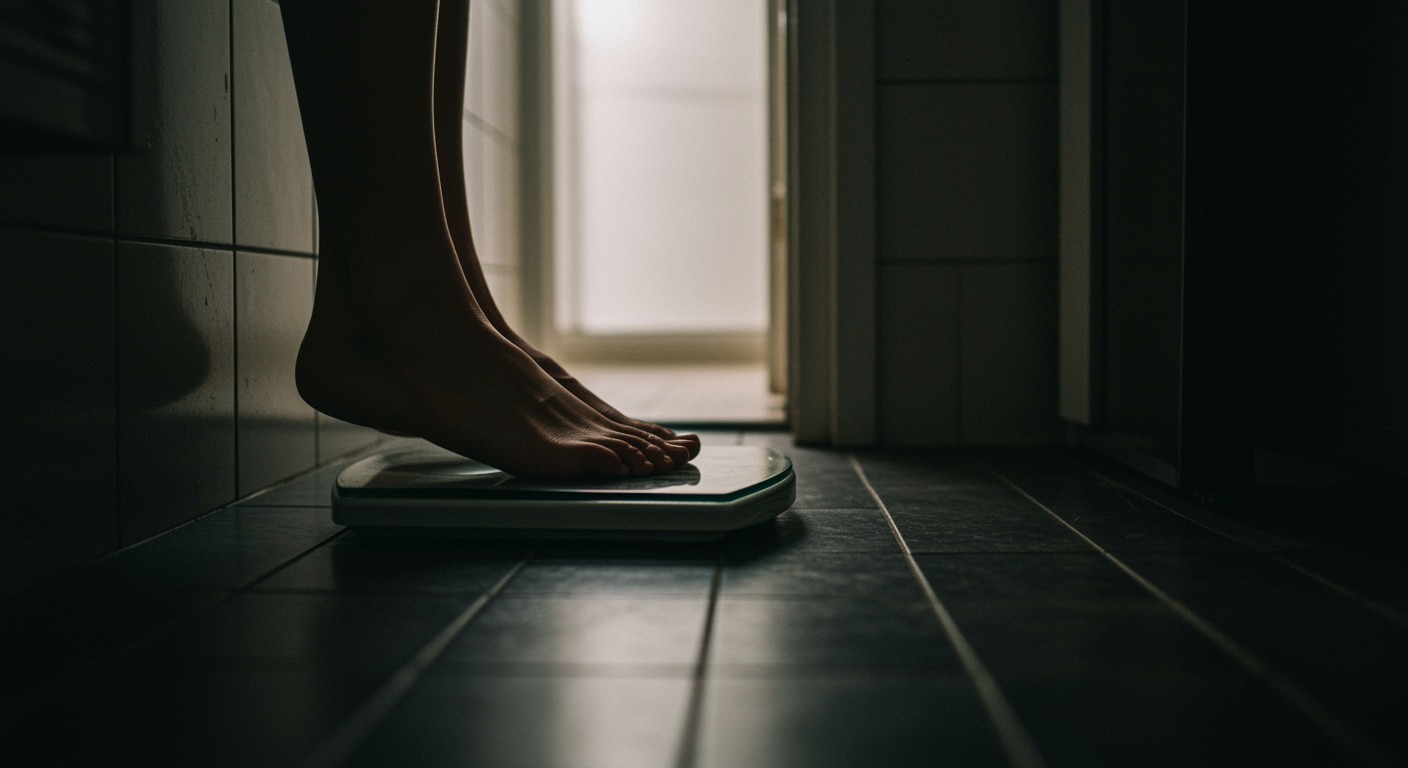 A person stepping onto a bathroom scale in soft natural morning light