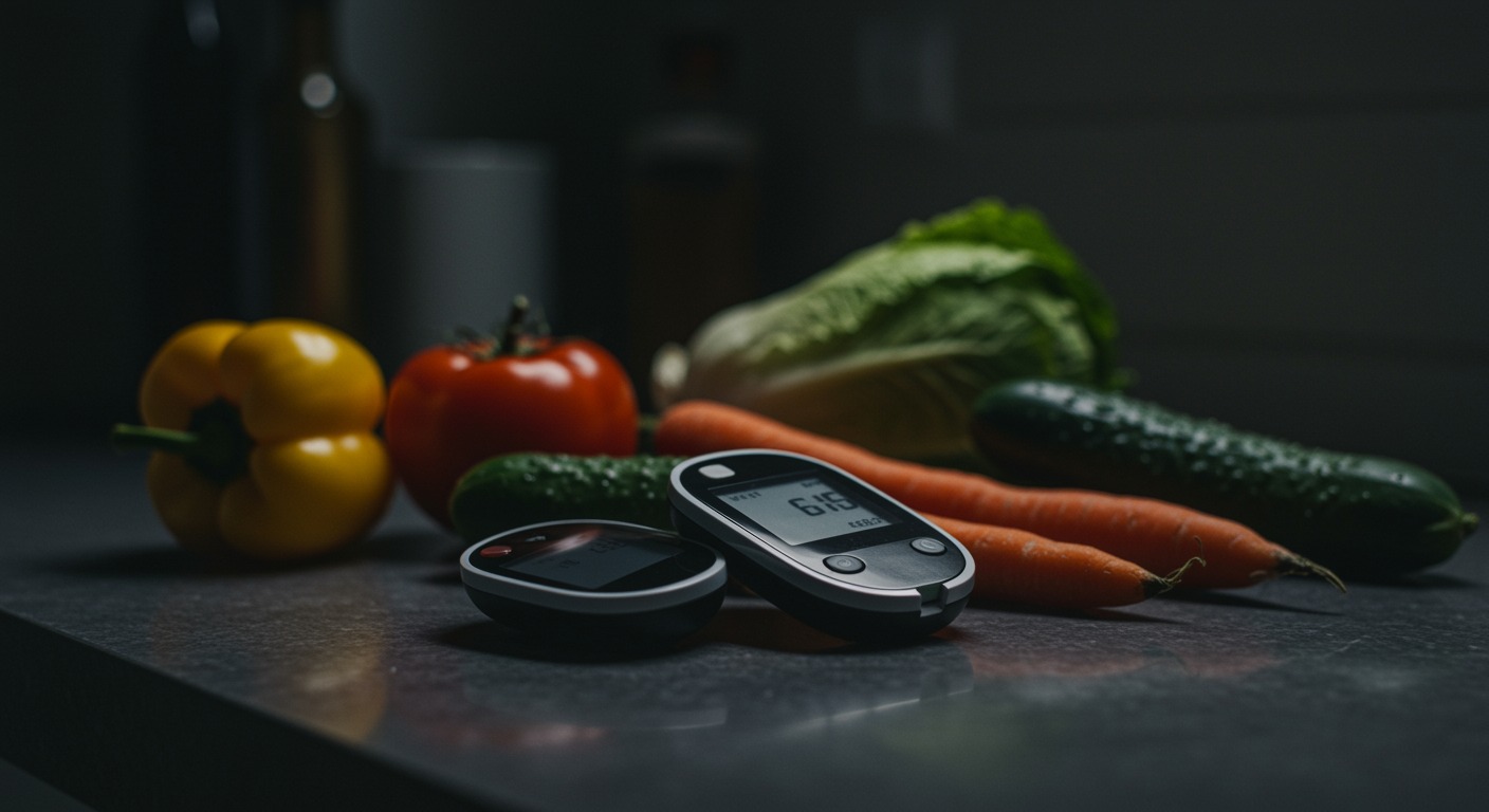 Blood glucose monitor next to fresh vegetables on a modern kitchen counter with bright overhead lighting
