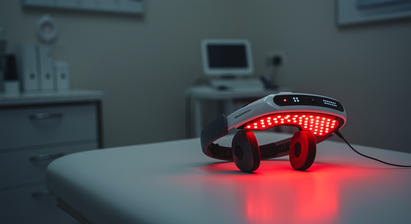 A transcranial red light therapy headset glowing with warm red and near-infrared LEDs, resting on a clean white treatment table in a calm, modern mental health clinic