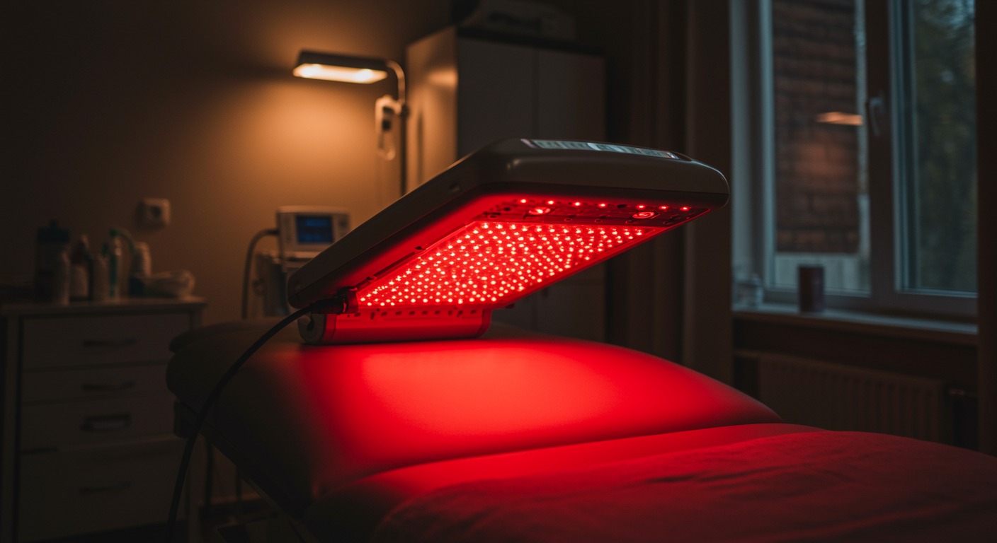 A red light therapy device emitting warm red near-infrared light, placed on a clinical treatment table in a modern rehabilitation clinic