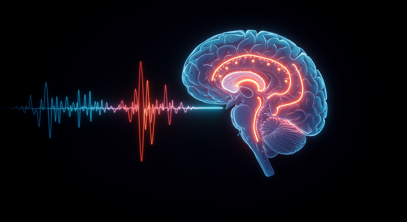 Photorealistic cross-section of brain showing the suprachiasmatic nucleus as a glowing clock-like structure, with circadian rhythm waves emanating outward, soft scientific lighting, no text