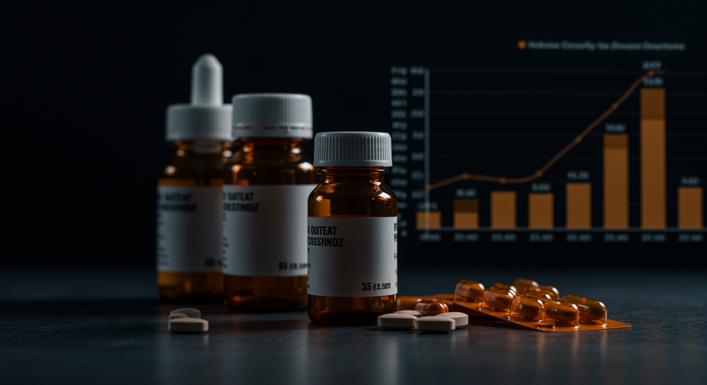 Healthcare data visualization showing rising PPI prescription trends with medication bottles and population statistics charts