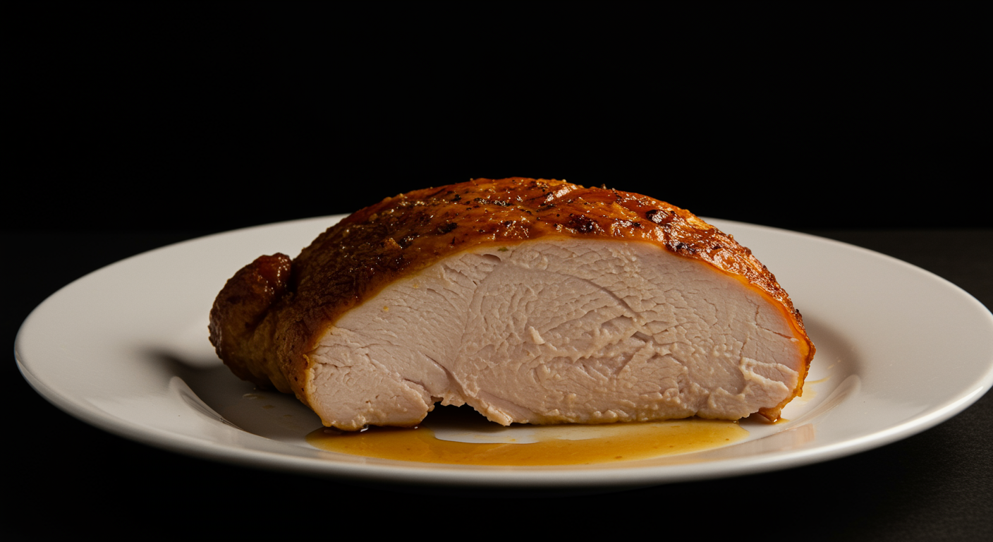 Single roasted turkey slice on white plate with soft warm lighting