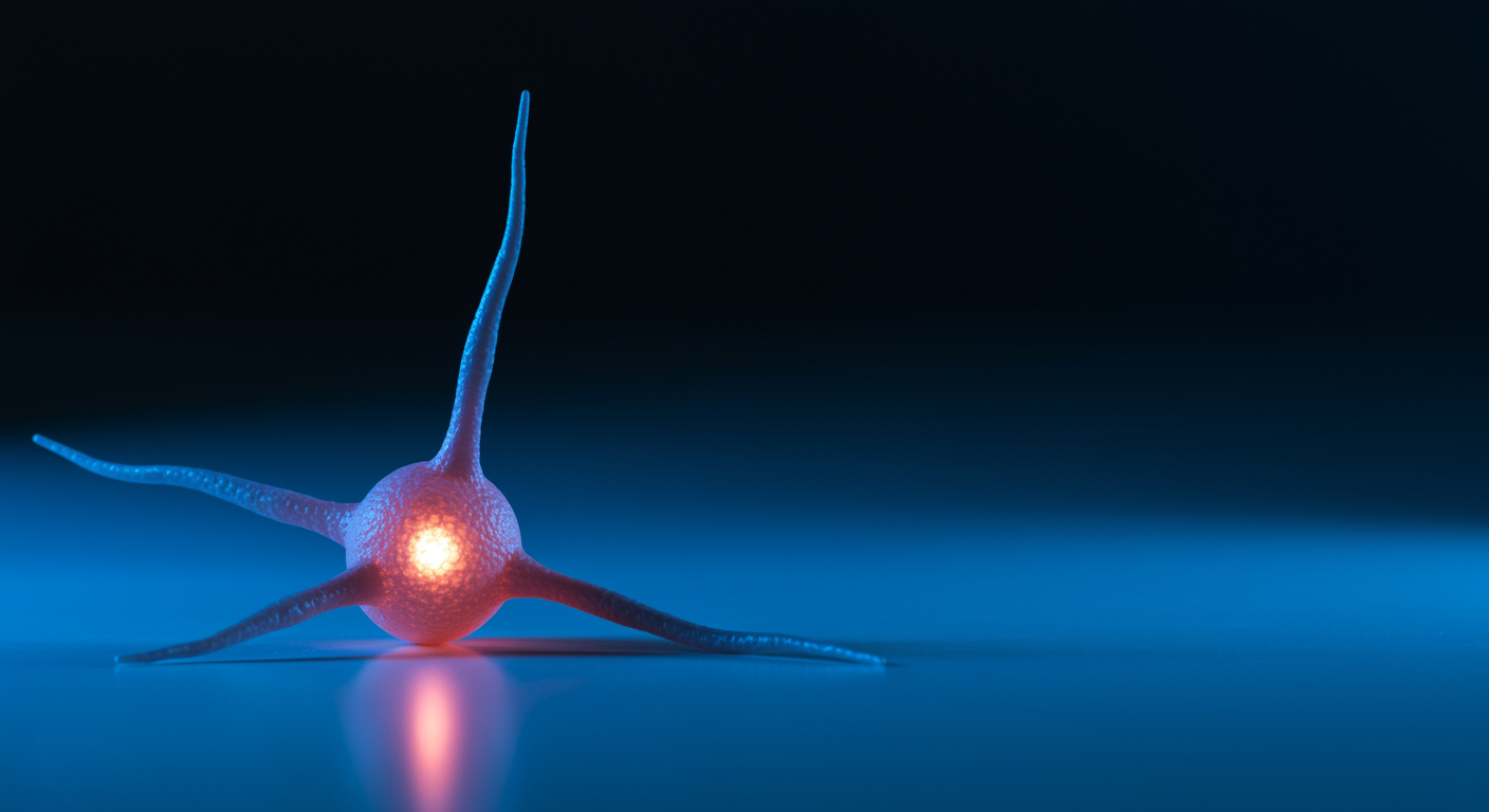 Single brain neuron synapse model on clean white surface with soft blue lighting