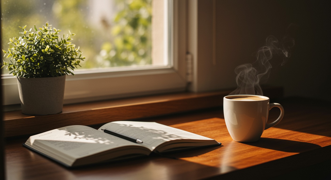 Open notebook and a cup of coffee on a wooden desk by a window with warm soft morning light and a small potted plant