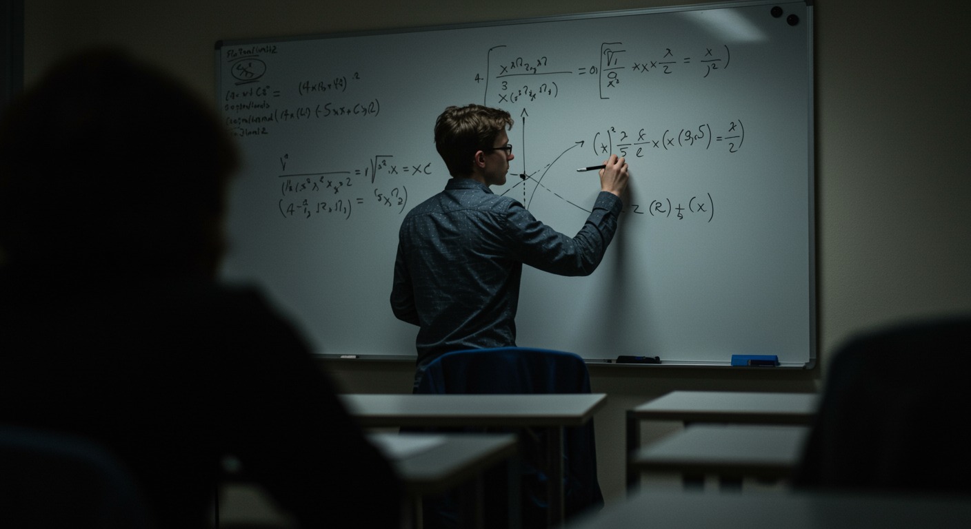 Person working on a complex math problem on a whiteboard in a bright academic setting