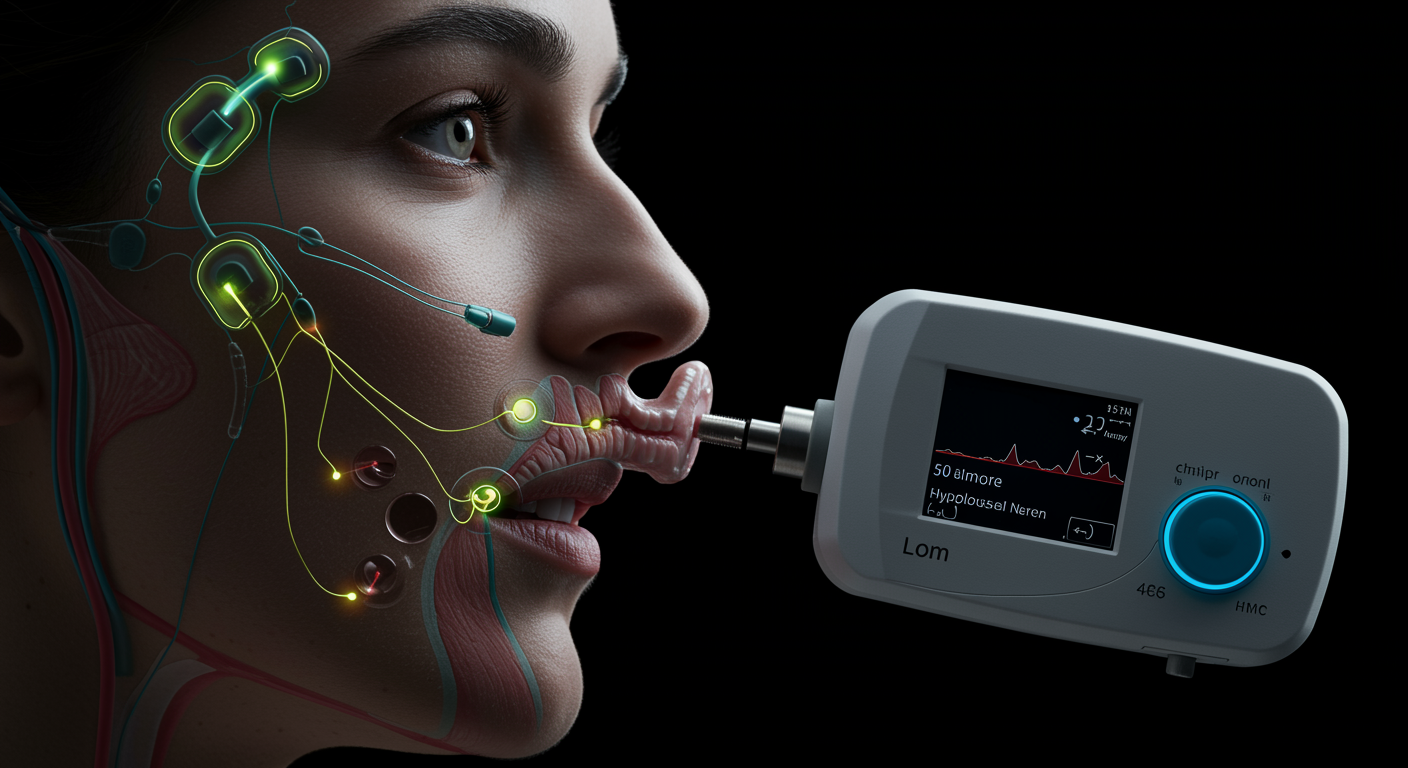Photorealistic medical device showing upper airway stimulation implant for sleep apnea treatment, with anatomical visualization of hypoglossal nerve stimulation, soft medical lighting, no text